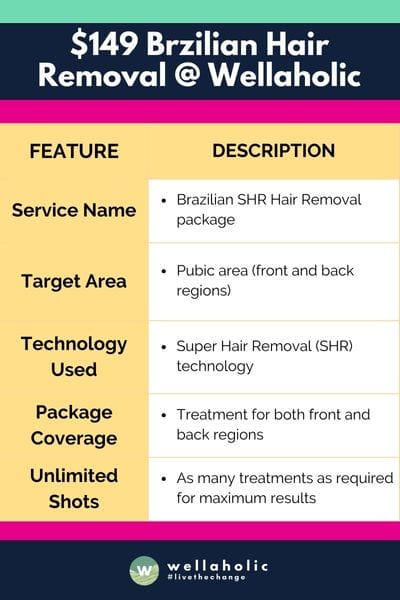 The table concisely outlines the Brazilian SHR Hair Removal package by Wellaholic, detailing its service name, target area, the technology used, package coverage, and the provision of unlimited shots for comprehensive treatment.