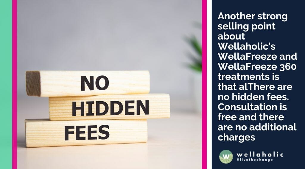 Wellaholic的WellaFreeze和WellaFreeze 360治疗的另一个强大优势是，您在他们的网站价格清单上看到的所有价格都是净价，并包含消费税。没有任何隐藏费用。咨询是免费的，没有额外收费。