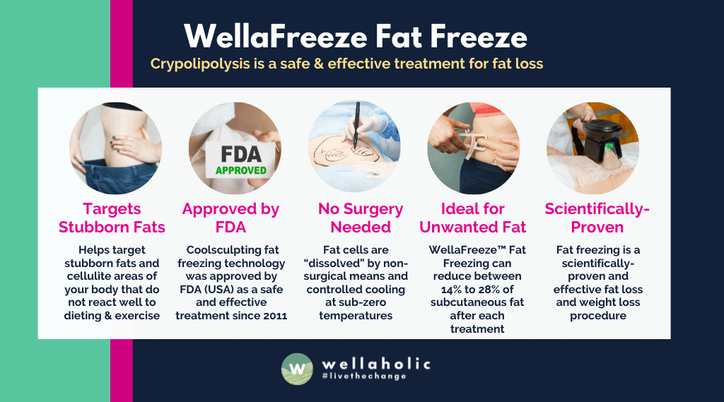 This infographic explains the 5 key features of WellaFreeze Fat Freeze. 1. targets stubborn fats. 2. Approved by FDA. 3. No surgery needed. 4. Ideal for unwanted fat. 5. Scientifically proven. 