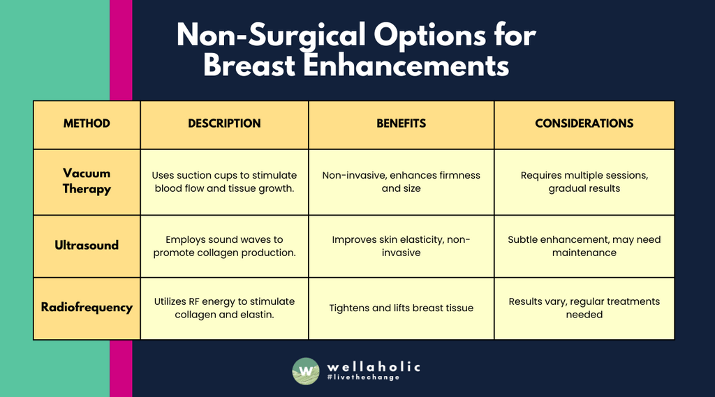  It's a neat and informative summary focusing on non-surgical breast enhancement options, specifically highlighting Vacuum Therapy, Ultrasound, and Radiofrequency.
