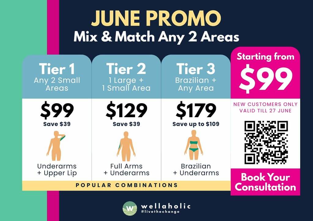 June Hair Removal Special in Singapore: Mix & match any 2 SHR areas from $99. New customers save up to $109 with our flexible tiered pricing. Book now!