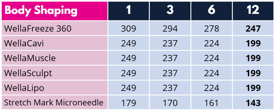 2025-12-Pricing-Per Session-Slimming Wellaholic Body Shaping Per-Session Price List 2025. Table showing rates for WellaFreeze 360, WellaCavi, WellaMuscle, WellaSculpt, WellaLipo, and Stretch Mark Microneedle. Columns show price per session for 1, 3, 6, and 12-session bundles