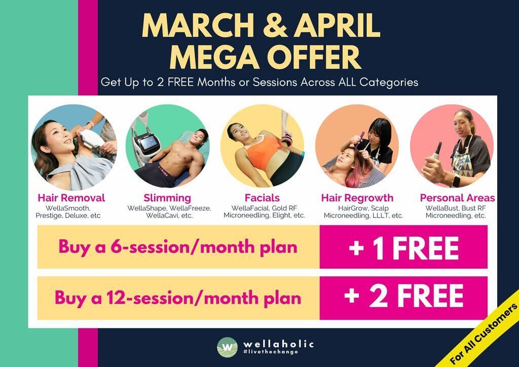 The March & April Mega Offer provides up to 2 free sessions or months (worth up to $1,198 Nett) when purchasing 6 or 12-session plans. Achieve 90.2% permanent hair reduction or significant fat loss with transparent, GST-inclusive pricing at Somerset, Kovan, Tanjong Pagar, and Upper Changi.