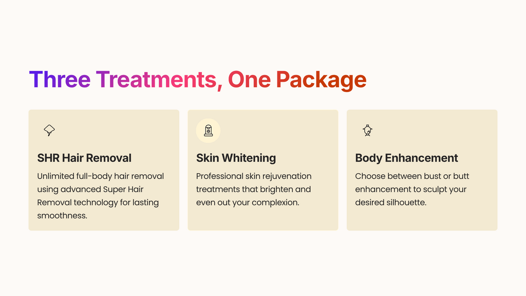 SHR Hair Removal
Unlimited full-body hair removal using advanced Super Hair Removal technology for lasting smoothness.