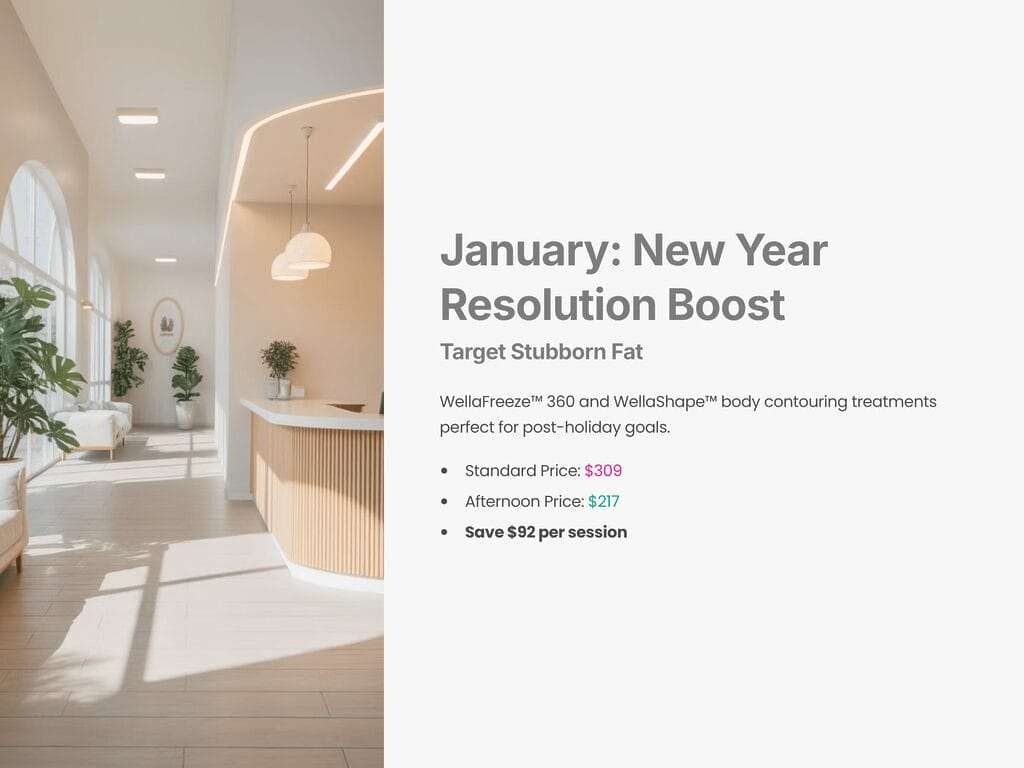 January: New Year Resolution Boost
Target Stubborn Fat
WellaFreeze™ 360 and WellaShape™ body contouring treatments perfect for post-holiday goals.
Standard Price: $309
Afternoon Price: $217
Save $92 per session