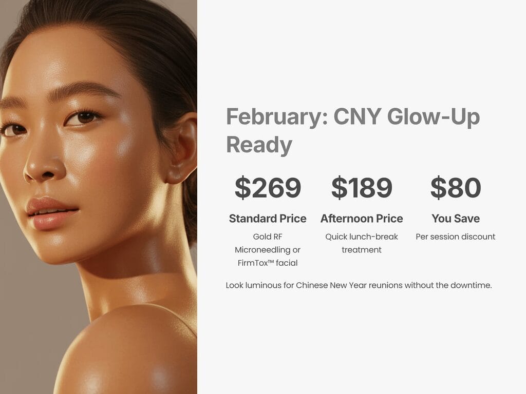February: CNY Glow-Up Ready
Standard Price
Gold RF Microneedling or FirmTox™ facial
Afternoon Price
Quick lunch-break treatment
You Save
Per session discount
Look luminous for Chinese New Year reunions without the downtime.
