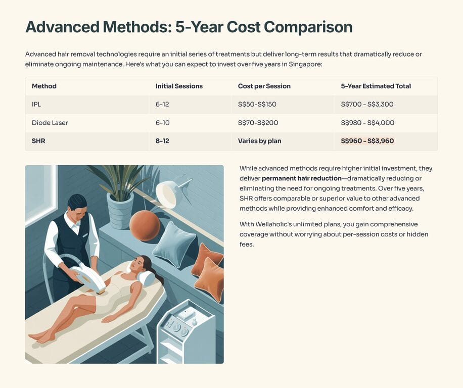 While advanced methods require higher initial investment, they deliver permanent hair reduction—dramatically reducing or eliminating the need for ongoing treatments. Over five years, SHR offers comparable or superior value to other advanced methods while providing enhanced comfort and efficacy.