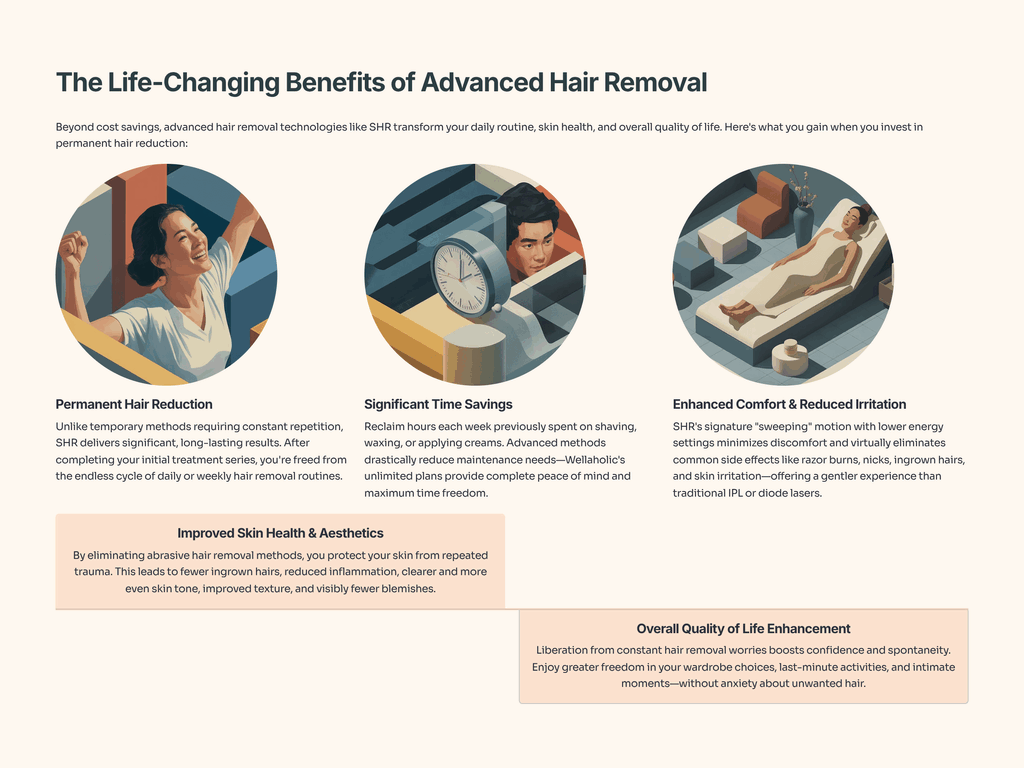 Beyond cost savings, advanced hair removal technologies like SHR transform your daily routine, skin health, and overall quality of life. Here's what you gain when you invest in permanent hair reduction:
