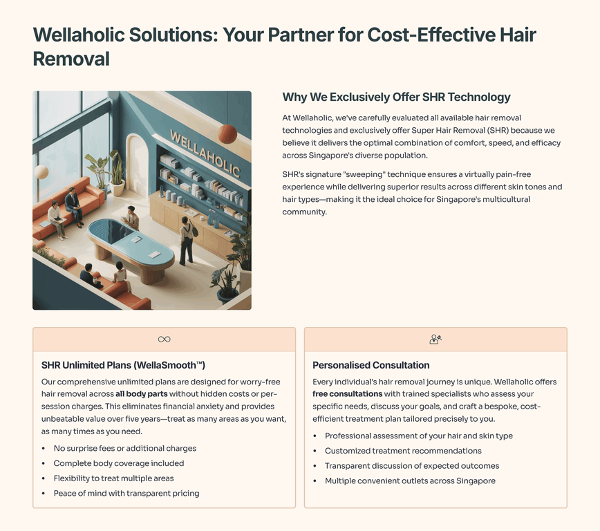 At Wellaholic, we've carefully evaluated all available hair removal technologies and exclusively offer Super Hair Removal (SHR) because we believe it delivers the optimal combination of comfort, speed, and efficacy across Singapore's diverse population.