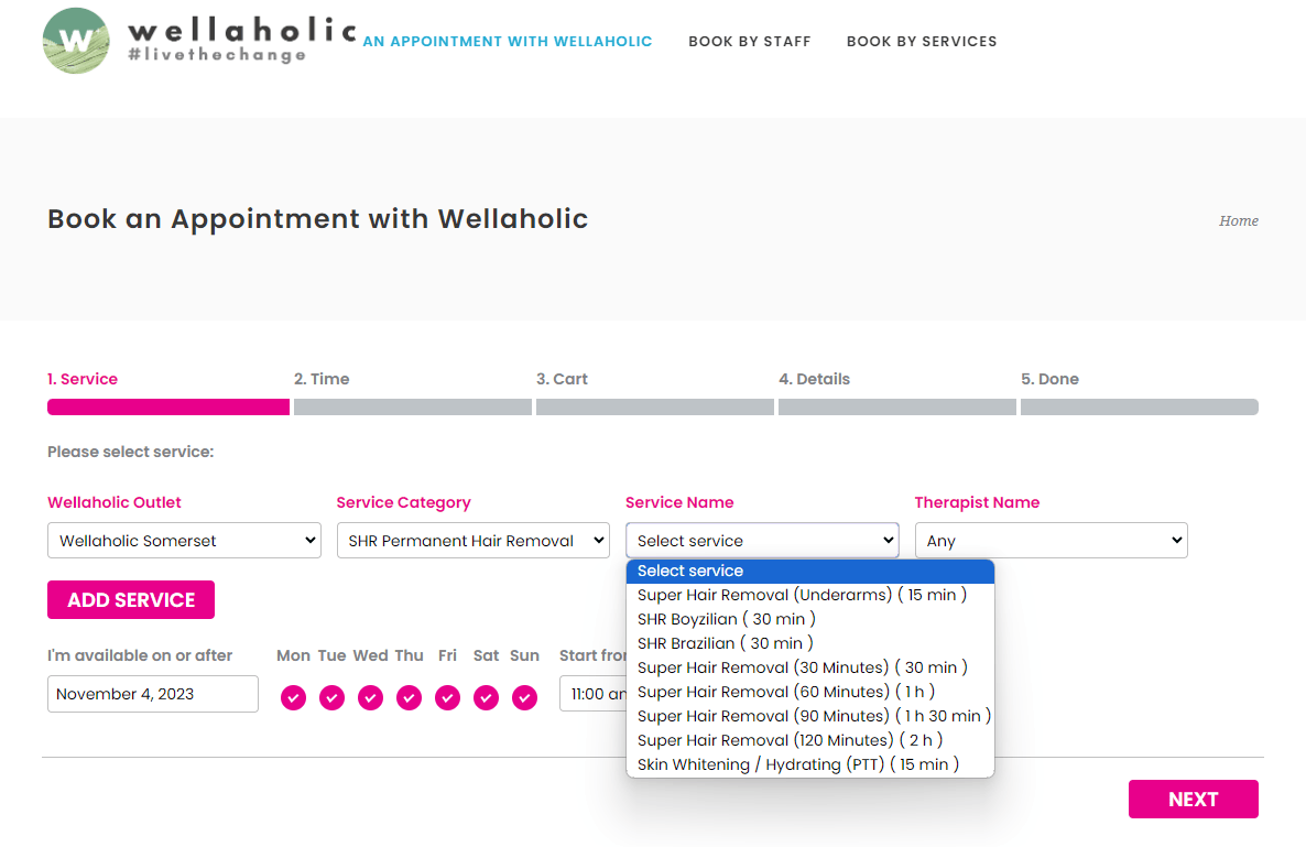 Select exact Service Name of desired treatment.