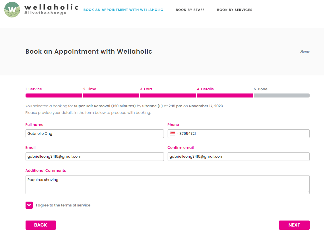 Provide personal details and additional comments (if any). Click on ‘Next’ to complete the booking after agreeing to the Terms of Service.