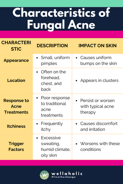 This table provides a concise overview of the characteristics, appearance, and effects of fungal acne on the skin.






