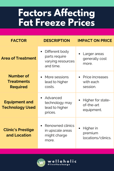 The table concisely outlines four main factors that influence the cost of fat freezing treatments: the treatment area's size, the number of required sessions, the sophistication of the equipment and technology used, and the clinic's prestige and location.