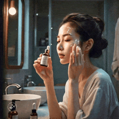 Asian lady applying serum on her face 