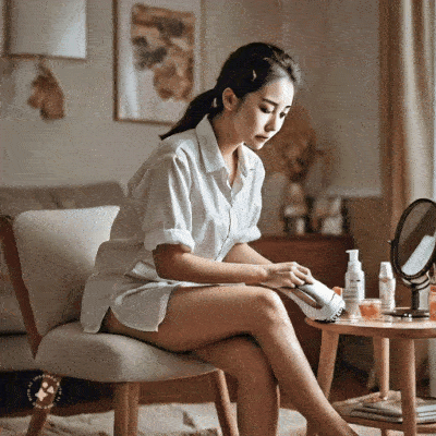animated photorealistic gif image of a pretty Asian lady using an epilator on her leg
