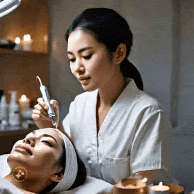 an animated photorealistic gif image of a pretty Asian lady who is doing a facial microneedling treatment