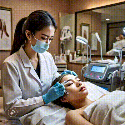 GIF image of a pretty Asian lady doing a RF Microneedling treatment on her face