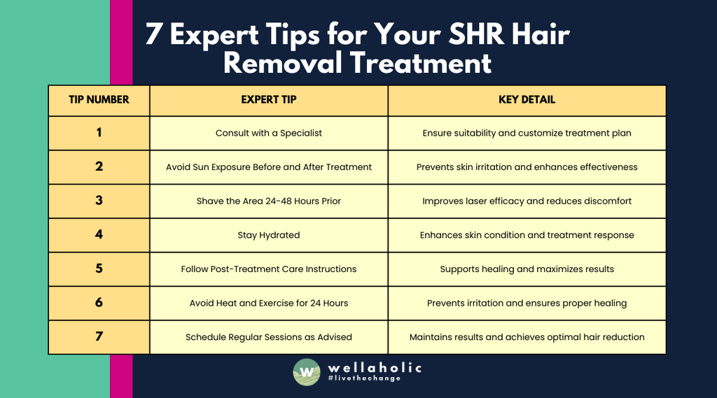This table provides a straightforward overview of the essential steps to optimize SHR hair removal treatment. Each tip is paired with a key detail for easy understanding and implementation.






