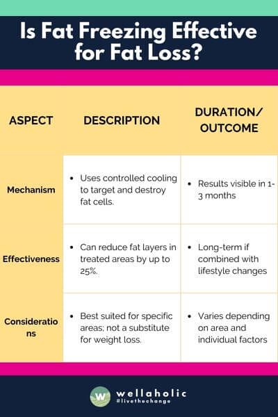 The table succinctly presents the mechanism, effectiveness, and considerations of fat freezing for fat loss, highlighting that it uses controlled cooling to destroy fat cells, can reduce fat layers by up to 25%, and is most effective when combined with lifestyle changes, although results and suitability vary.






