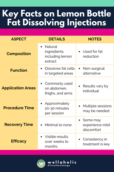 This table provides a quick overview of the Lemon Bottle Fat Dissolving Injections, keeping the information brief and to the point for easy visualization.