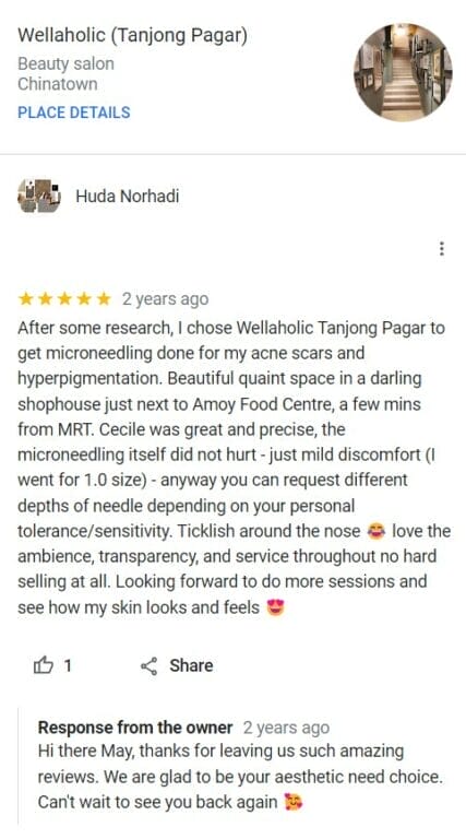 Huda Norhadi, a customer at Wellaholic Tanjong Pagar, shares positive review on Microneedling at Wellaholic