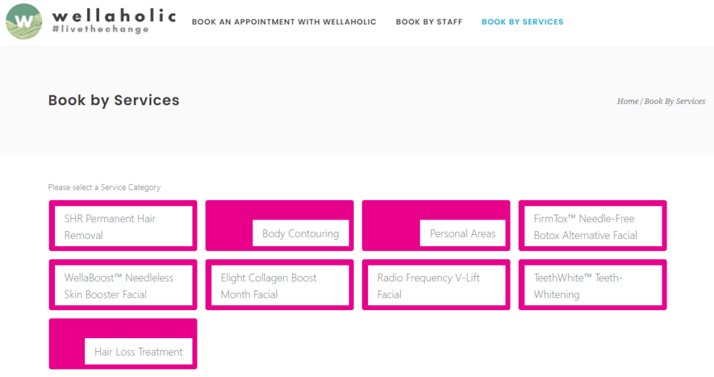 Start booking process by selecting required Service Category. Full list of Service Categories in Wellaholic will be shown in the first step.