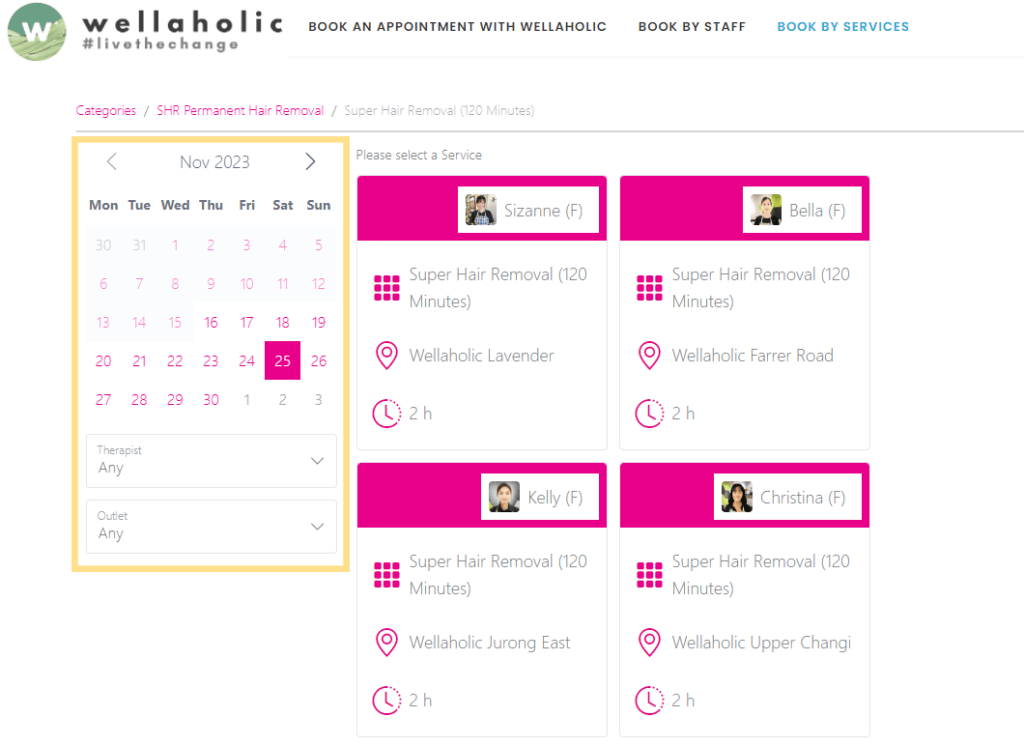 Further refine the search by Date, Service Therapist and Outlet. After refining the search, click on the required Service thumbnail to proceed with the booking process.