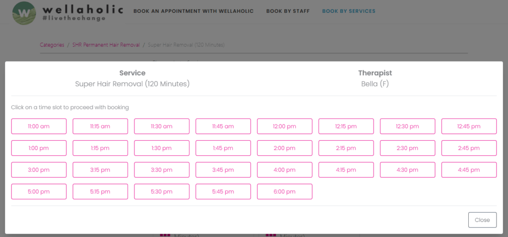 View of available slots based on search criteria in previous screen will appear. Select a timeslot’s Start Time to proceed with booking.