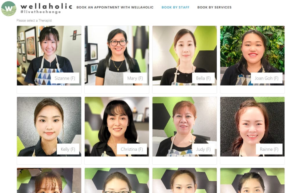 Start booking process by selecting required Service Therapist. Full list of Service Therapists with photos will be shown in the first step.