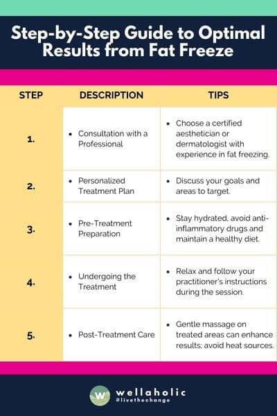 The table provides a concise, easy-to-understand guide on achieving optimal results from fat freezing treatments, featuring three columns titled "Step", "Description", and "Tips", outlining each phase of the process from initial consultation to post-treatment care and lifestyle maintenance.