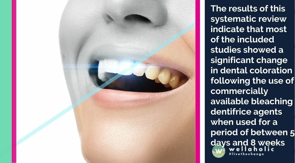 The results of this systematic review indicate that most of the included studies showed a significant change in dental coloration following the use of commercially available bleaching dentifrice agents when used for a period of between 5 days and 8 weeks