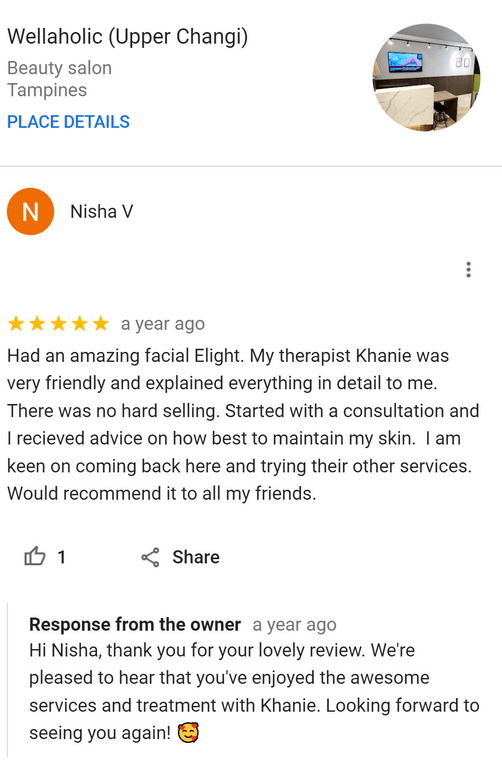 Had an amazing facial Elight. My therapist Khanie was very friendly and explained everything in detail to me. There was no hard selling. Started with a consultation and I recieved advice on how best to maintain my skin. I am keen on coming back here and trying their other services. Would recommend it to all my friends.