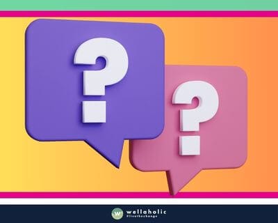 Two 3D speech bubbles, one purple and one pink, each containing a white question mark, against a vibrant striped background with the ‘wellaholic’ logo at the bottom.
