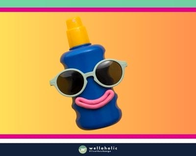 A creative representation of a blue sunscreen bottle with a yellow cap, adorned with sunglasses and a pink smile, against a gradient background of yellow and pink.