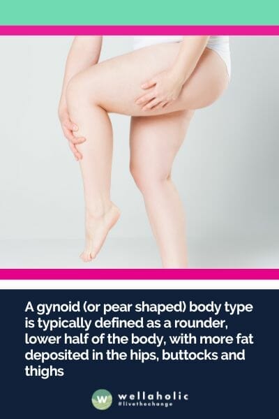 A gynoid (or pear shaped) body type is typically defined as a rounder, lower half of the body, with more fat deposited in the hips, buttocks and thighs