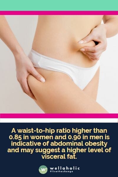 A waist-to-hip ratio higher than 0.85 in women and 0.90 in men is indicative of abdominal obesity and may suggest a higher level of visceral fat.