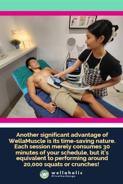 Another significant advantage of WellaMuscle is its time-saving nature. Each session merely consumes 30 minutes of your schedule, but it's equivalent to performing around 20,000 squats or crunches! 