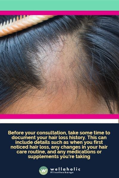 Before your consultation, take some time to document your hair loss history. This can include details such as when you first noticed hair loss, any changes in your hair care routine, and any medications or supplements you're taking