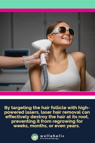 通过高功率激光照射目标毛囊，激光脱毛可以有效地摧毁毛发的根部，防止其在数周、数月甚至数年内重新生长。