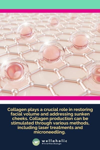Collagen plays a crucial role in restoring facial volume and addressing sunken cheeks. Collagen production can be stimulated through various methods, including laser treatments and microneedling. 