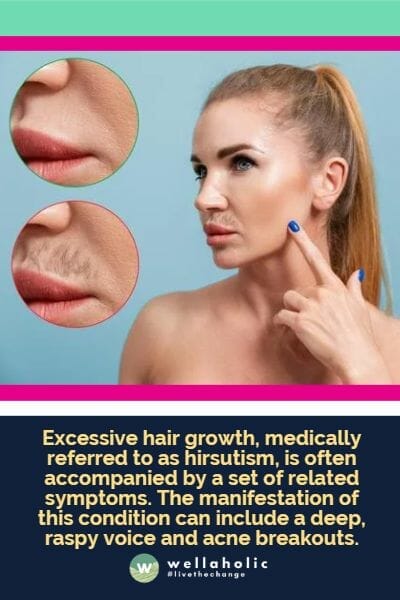 Excessive hair growth, medically referred to as hirsutism, is often accompanied by a set of related symptoms. The manifestation of this condition can include a deep, raspy voice and acne breakouts.
