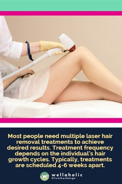 Most people need multiple laser hair removal treatments to achieve desired results. Treatment frequency depends on the individual's hair growth cycles. Typically, treatments are scheduled 4-6 weeks apart.