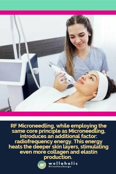 RF Microneedling, while employing the same core principle as Microneedling, introduces an additional factor: radiofrequency energy. This energy heats the deeper skin layers, stimulating even more collagen and elastin production.