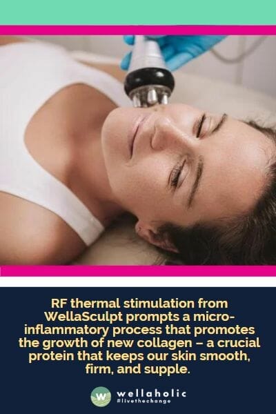 RF thermal stimulation from WellaSculpt prompts a micro-inflammatory process that promotes the growth of new collagen – a crucial protein that keeps our skin smooth, firm, and supple. 