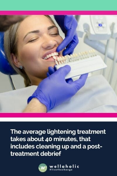 The average lightening treatment takes about 40 minutes, that includes cleaning up and a post-treatment debrief.