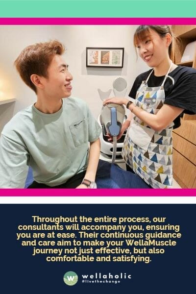 Throughout the entire process, our consultants will accompany you, ensuring you are at ease. Their continuous guidance and care aim to make your WellaMuscle journey not just effective, but also comfortable and satisfying.