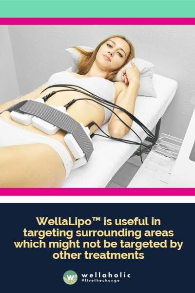 8个探头：每个WellaLipo™疗程都配备了8个探头。

针对不同身体部位：您可以同时使用8个探头来针对不同的身体部位。

每个疗程持续20分钟：在WellaLipo™疗程中，您的疗程师会将激光垫放置在每个治疗区域上，每个区域最长持续20分钟。

温暖的感觉：当激光释放脂肪时，您可能会感受到轻柔的温暖感。

有效针对空隙区域：WellaLipo™可以有效地针对其他治疗可能忽略的周围区域（例如，冷冻脂肪可能针对上腹和下腹，但您可以使用WellaLipo™来针对上腹和下腹之间的空隙区域以及周围区域）。

安全且无需停工：没有风险，没有停工，也没有手术。