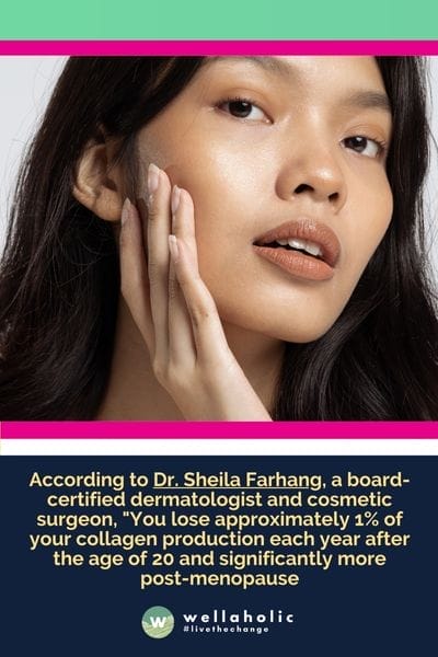 According to Dr. Sheila Farhang, a board-certified dermatologist and cosmetic surgeon, "You lose approximately 1% of your collagen production each year after the age of 20 and significantly more post-menopause. Similarly, the elastin in your skin also decreases with age causing the skin to become crepey and sagging"