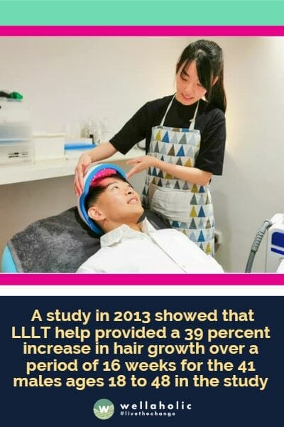  a study in 2013 showed that LLLT help provided a 39 percent increase in hair growth over a period of 16 weeks for the 41 males ages 18 to 48 in the study