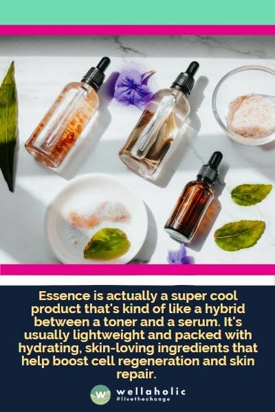 but essence is actually a super cool product that's kind of like a hybrid between a toner and a serum. It's usually lightweight and packed with hydrating, skin-loving ingredients that help boost cell regeneration and skin repair. 